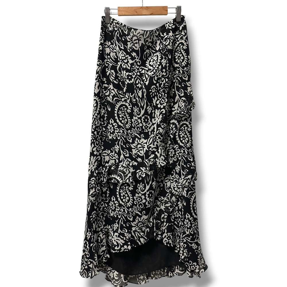 Harold's 100% Silk Paisley Ruffle High Low Maxi Skirt Black White 2 Whimsygoth